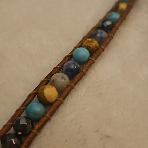 Bohemian Multi-Color Gemstone Beaded Leather Adjustable Wrap Bracelet - Picture 7 of 7